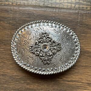 Nocona Western Belt Buckle Silver Toned Floral Scroll Engraved Rope Edge